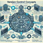 Versionskontrolle mit Git-Workflow, inklusive Repositories, Commits, Branches, Pull Requests und Code Collaboration. Zeigt verteiltes Versionskontrollsystem (DVCS) mit Remote- und lokalen Repositories, GitHub, GitLab und Bitbucket Logos.